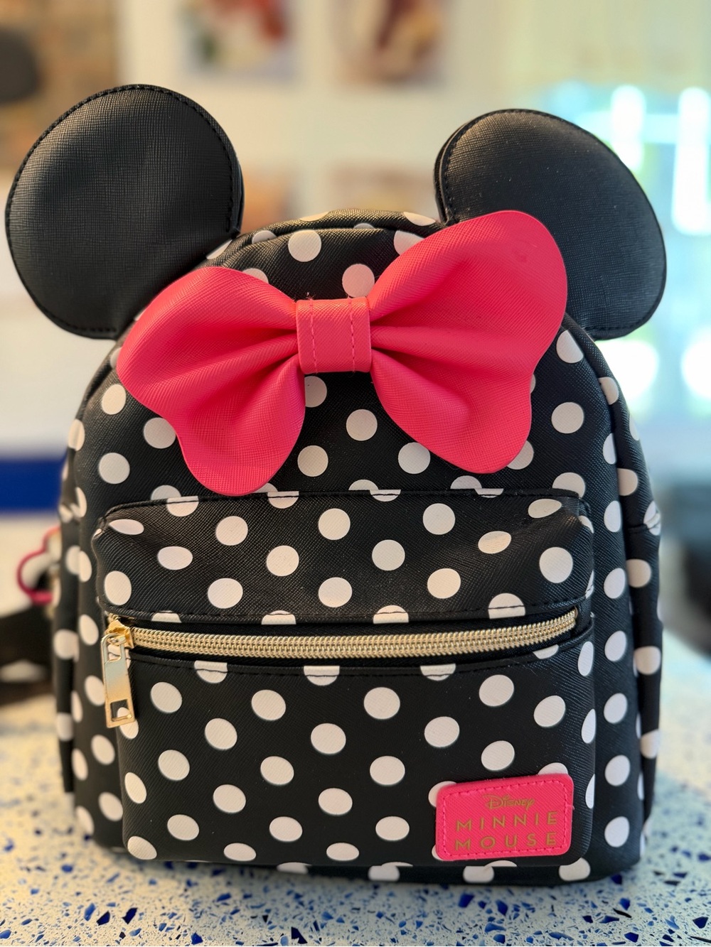 Disney Black and White Polka Dot Backpack with Pink Bow